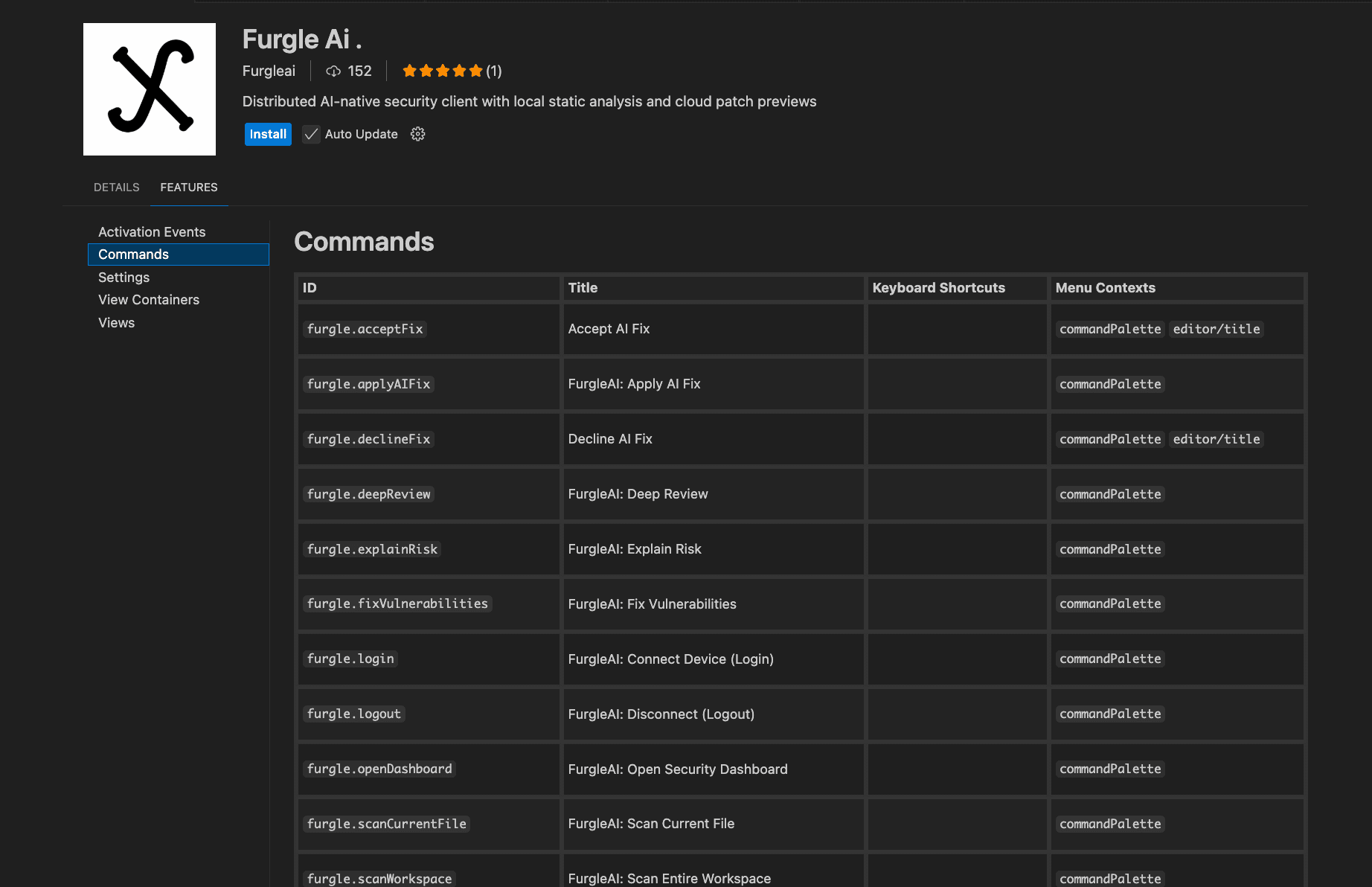 FurgleAI Extension — VS Code marketplace showing commands