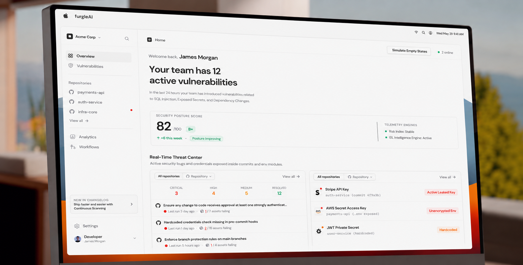 FurgleAI Dashboard — real-time vulnerability detection and AI remediation
